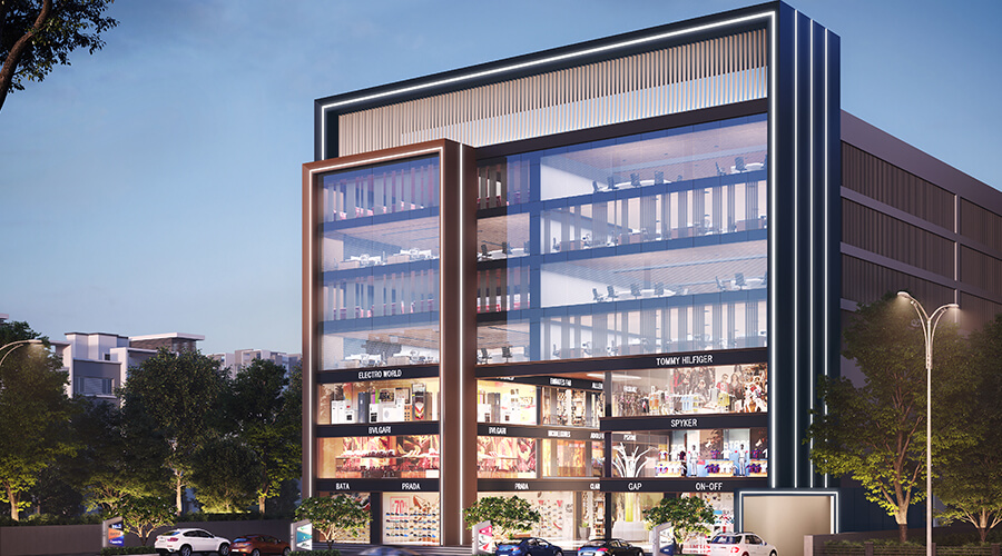 Architectural design showing exterior lighting on commercial facade