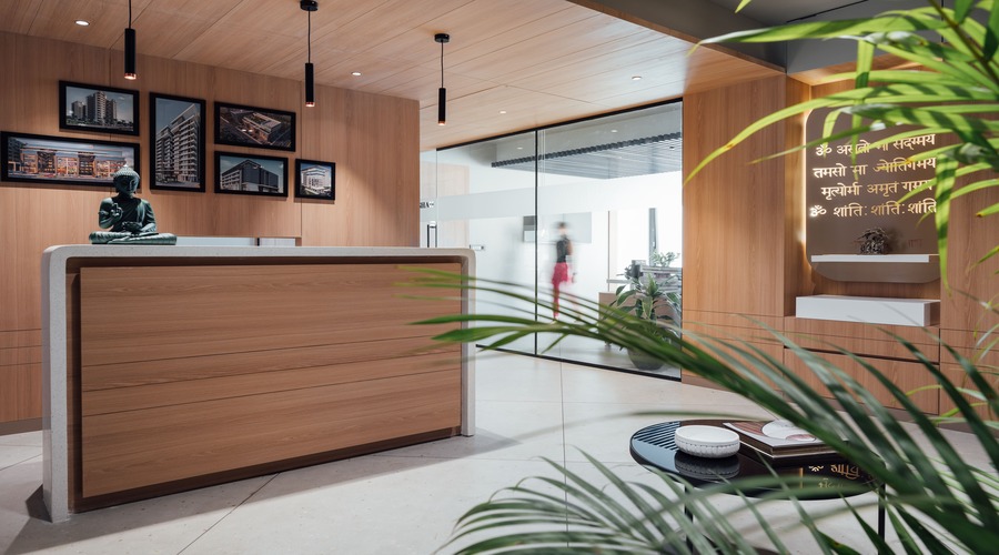 Creative workspace interior design featuring ambient architectural lighting
