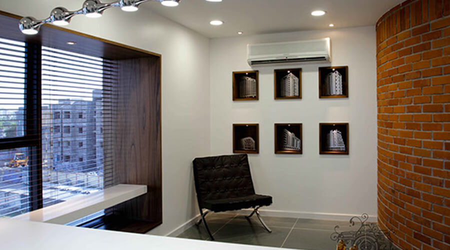 Executive office interior design with custom furniture and modern lighting