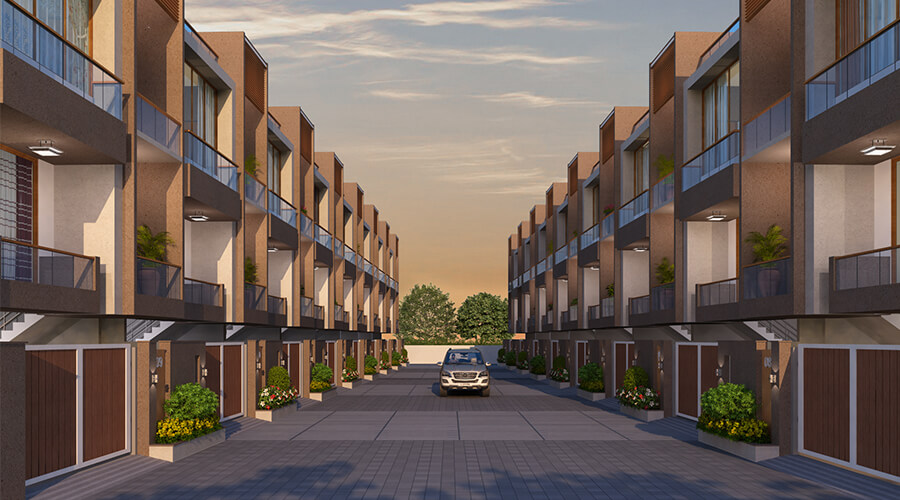 Multi-residential architectural render showing exterior common amenities