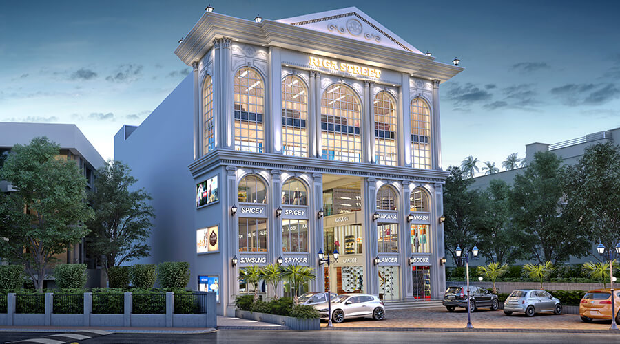 Night illumination view of modern commercial building architecture