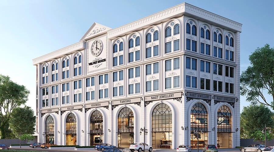 Perspective architectural render of modern commercial building